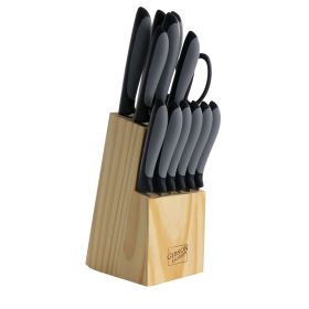 Gibson Home Dorain 14 Piece Stainless Steel Cutlery Set - Black Wood Block - Ergonomic Handles - Premium Quality Knives