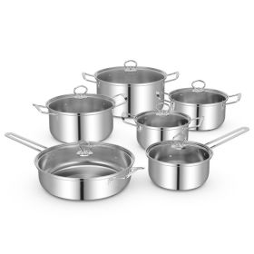 12 Piece Pots and Pans Set with Tempered Glass Lids and Handles - Silver