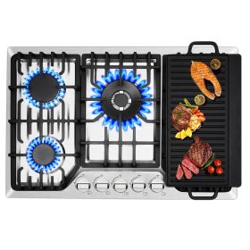 Gas Cooktop 30/36 Inch, 5 Burner Gas Stove Top, Built in Stainless Steel, LPG/NG Convertible Propane Cooktop - 30inch(with Griddle)
